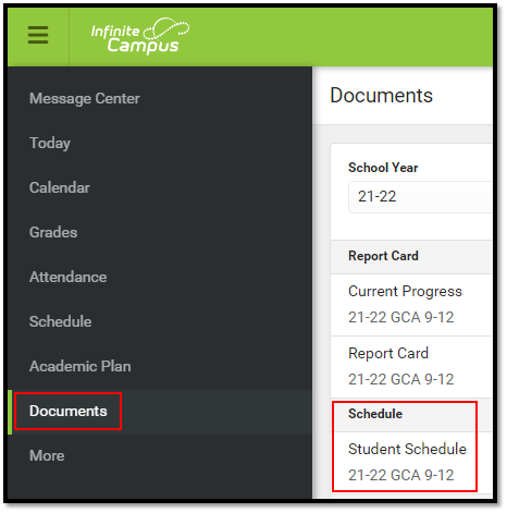 Student View of the Schedule in Infinite Campus – GCA Student & Family